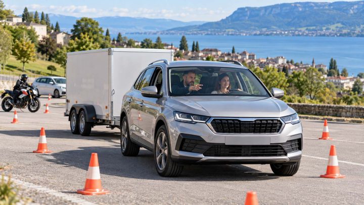 Voiture d’auto-école tractant une remorque lors d’une formation au permis BE près de Neuchâtel