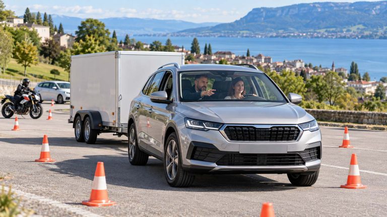 Voiture d’auto-école tractant une remorque lors d’une formation au permis BE près de Neuchâtel